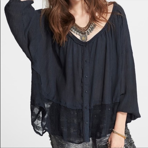 Free People Rainy Days Black Gauzy Swing Top Sheer Hem Button Down Size XS - Picture 2 of 8